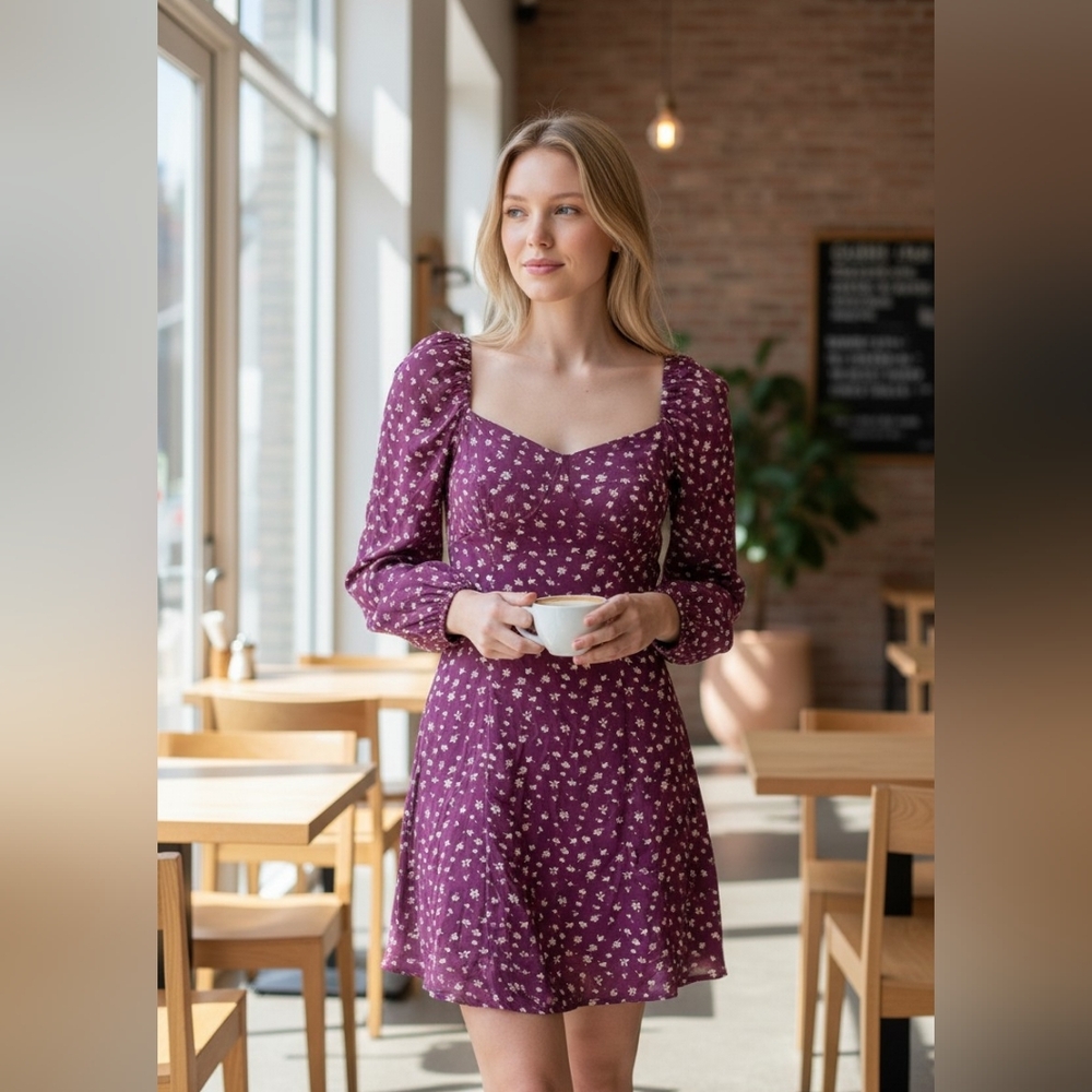 Bardot Plum Floral Long Sleeve Square Neck Dress
